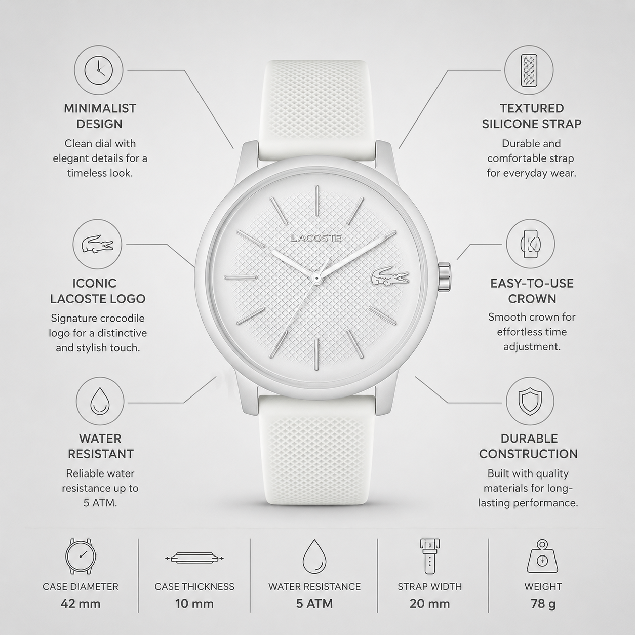 Lacoste 12.12 Move Silver Dial White Silicone Strap Watch for Men - 2011240