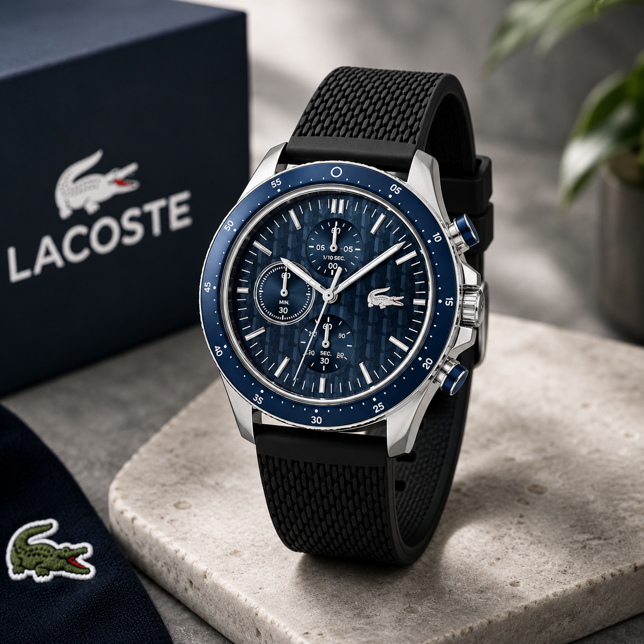 Lacoste Neoheritage Chronograph Blue Dial Black Silicone Strap Watch for Men - 2011252