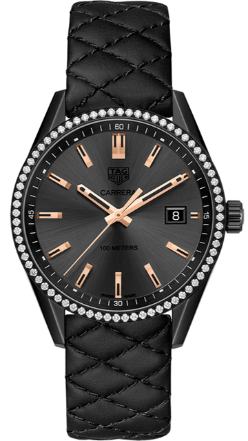Tag Heuer Carrera Diamonds Anthracite Black Dial Black Leather Strap Watch for Women - WAR1115.FC6392