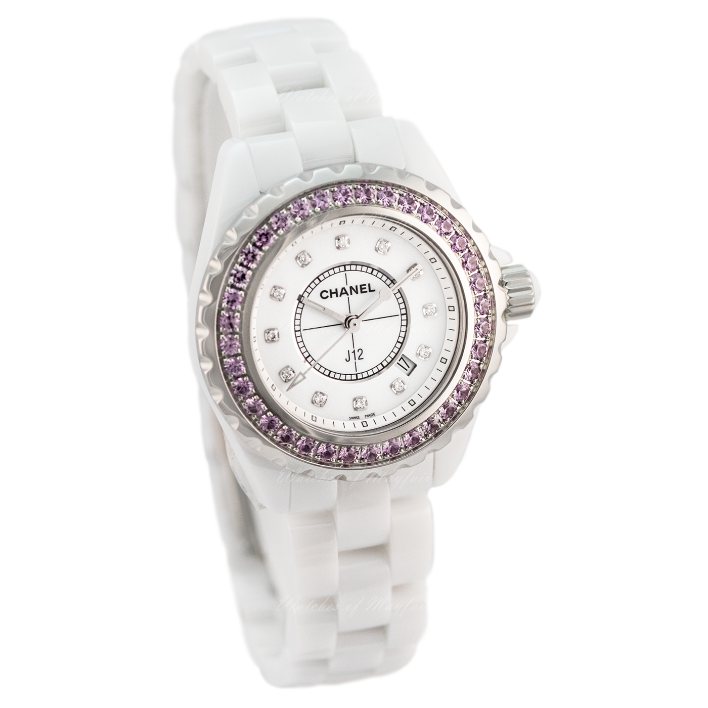Chanel J12 Sapphire Bezel Ceramic White Dial White Steel Strap Watch for Women - J12 H2010