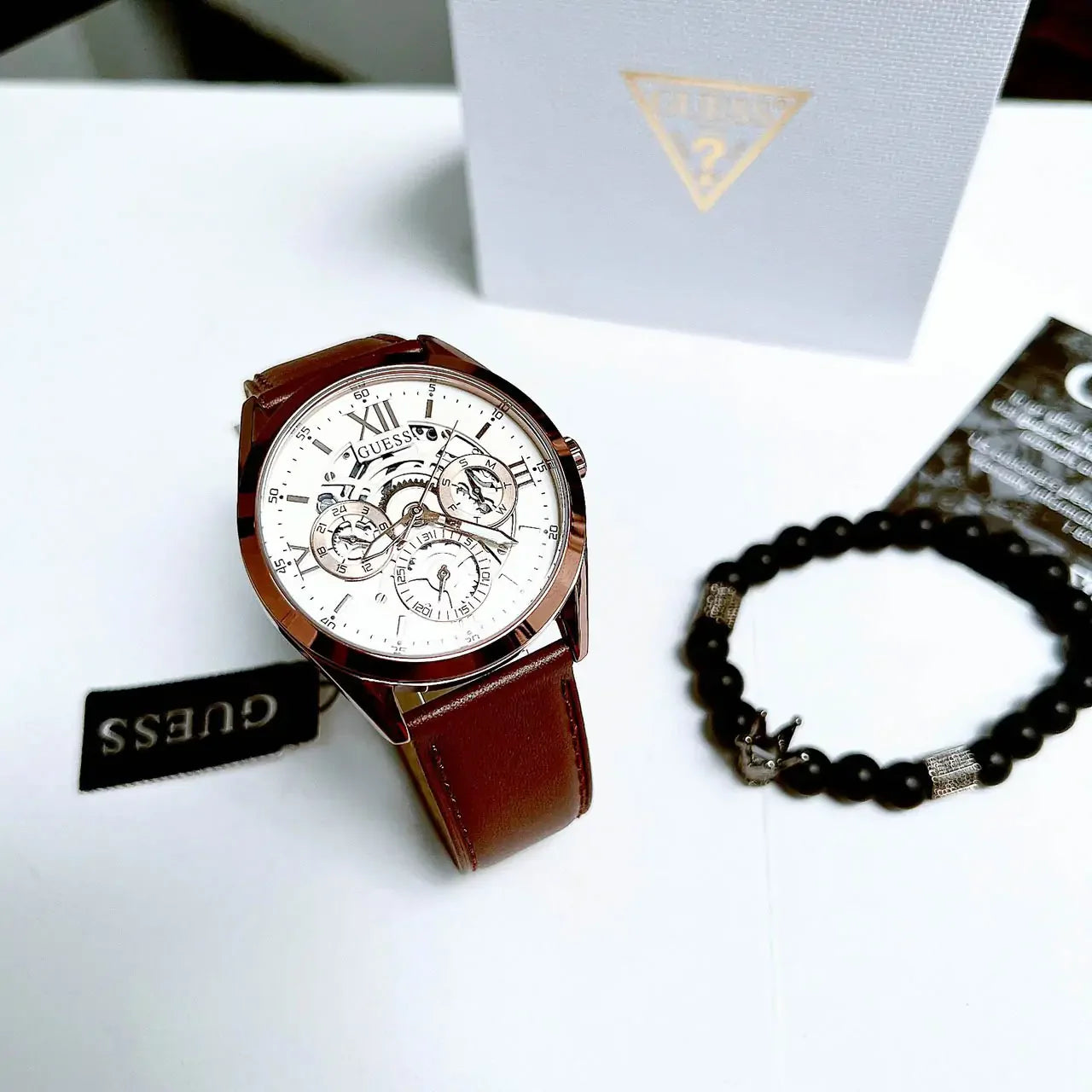 Guess Multi-Function Chronograph White Dial Brown Leather Strap Watch For Men - GW0389G8