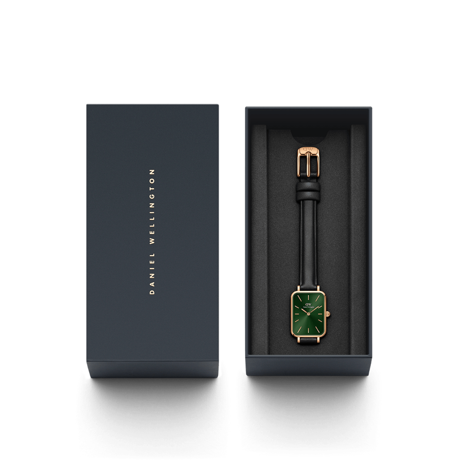 Daniel Wellington Quadro Pressed Melrose Emerald Green Dial Black Leather Strap Watch For Women - DW00100446