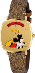 Gucci Grip Disney Mickey Mouse Gold Dial Brown Leather Strap Watch For Women - YA157420