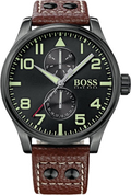 Hugo Boss Aeroliner Maxx Black Dial Brown Leather Strap Watch For Men - 1513079