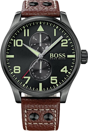 Hugo Boss Aeroliner Maxx Black Dial Brown Leather Strap Watch For Men - 1513079
