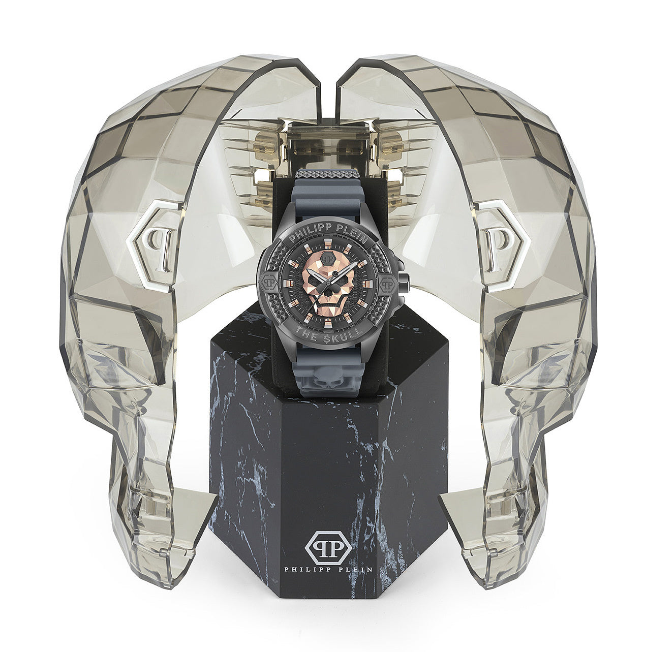 Philipp Plein The Skull Grey Dial Grey Silicone Strap Watch For Men- PWAAA2324