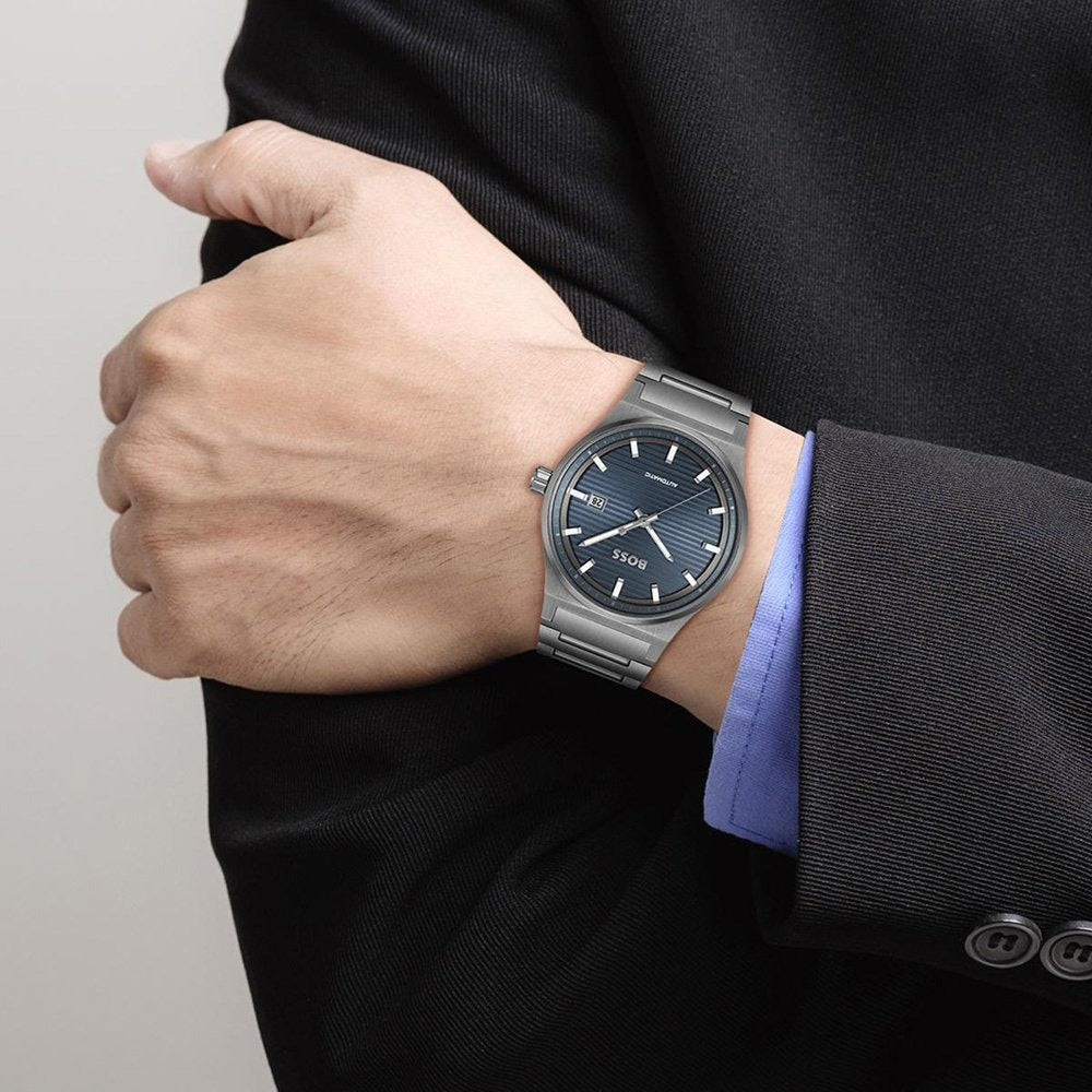 Hugo Boss Candor Automatic Blue Dial Grey Steel Strap Watch for Men - 1514119