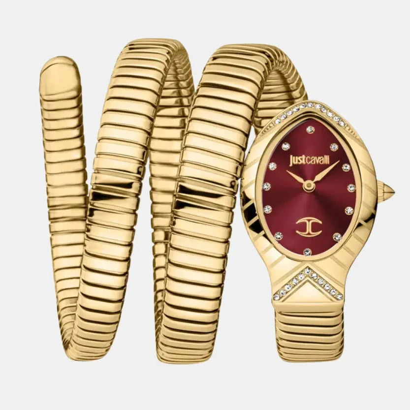 Just Cavalli Classico Lungo Red Dial Gold Steel Strap Watch for Women - JC1L248M0035