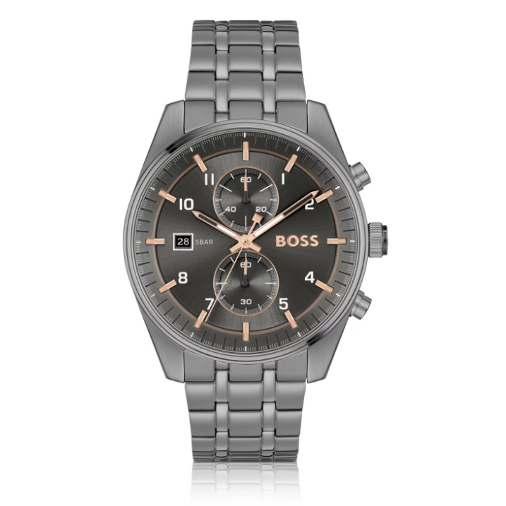Hugo Boss Skytraveller Chronograph Gunmetal Grey Dial Grey Steel Strap Watch for Men - 1514153