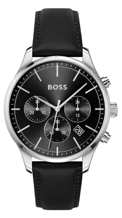 Hugo Boss Avery Chronograph Black Dial Black Leather Strap Watch for Men - 1514211