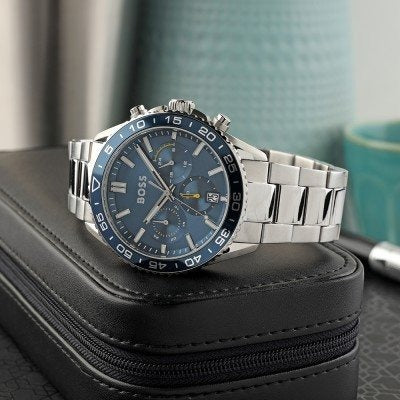 Hugo Boss Runner Chronograph Blue Dial Silver Steel Strap Watch for Men - 1514143