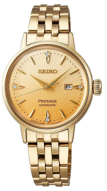 Seiko Presage Cocktail Time Automatic Diamonds Gold Dial Gold Steel Strap Watch for Women - SRE018J1