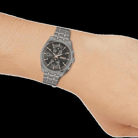 Hugo Boss Skytraveller Chronograph Gunmetal Grey Dial Grey Steel Strap Watch for Men - 1514153