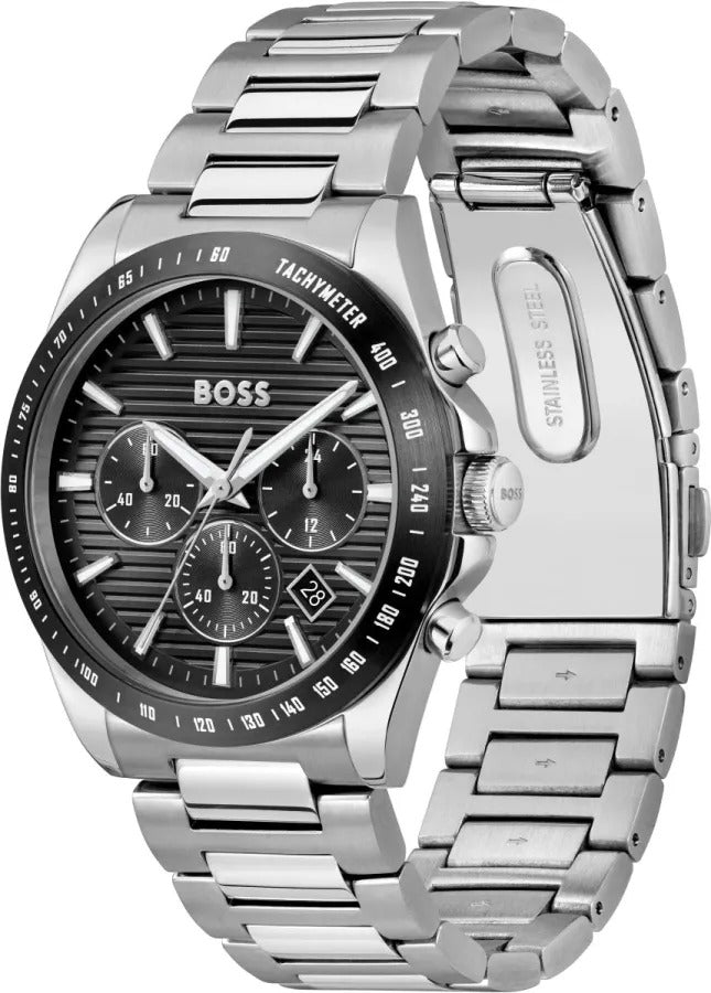 Hugo Boss Strike Chronograph Black Dial Silver Steel Strap Watch for Men - 1514290