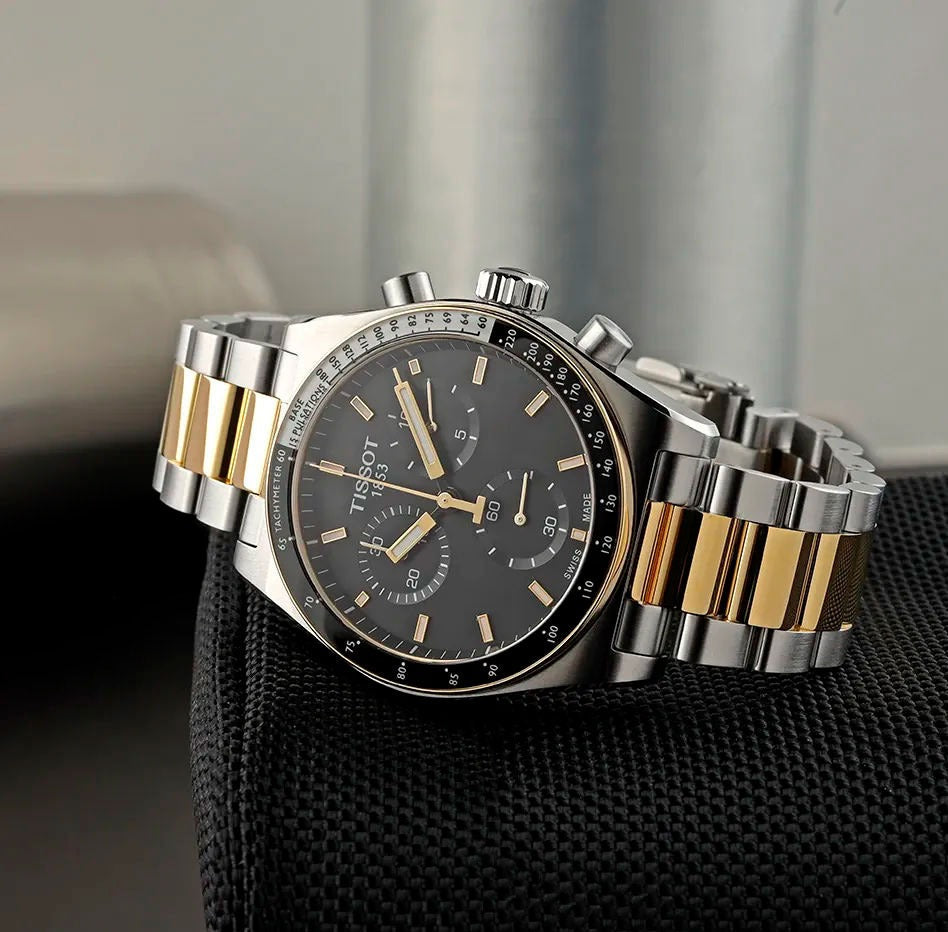Tissot PR516 Chronograph Black Dial Two Tone Steel Strap Watch for Men - T149.417.22.051.00