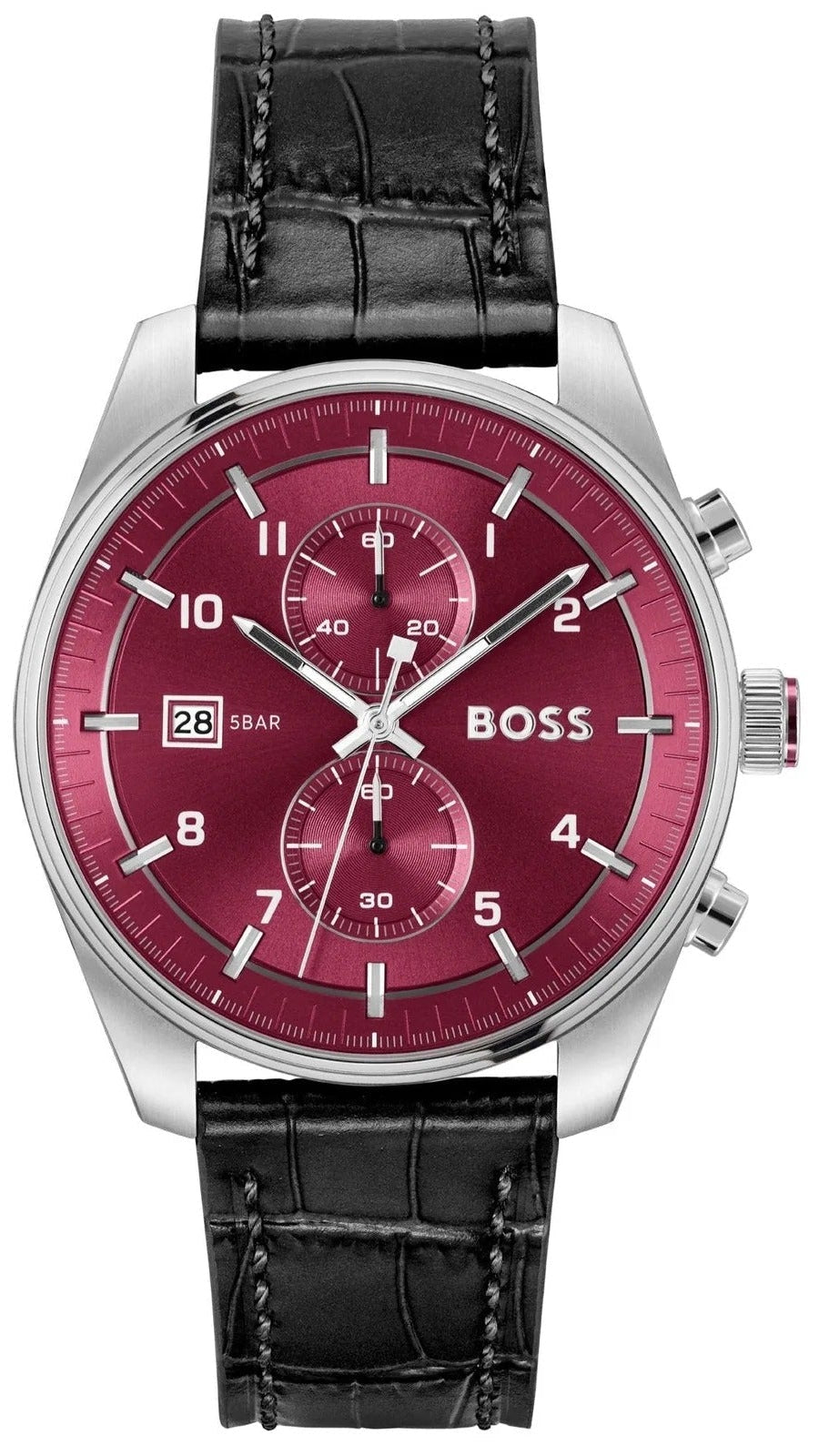Hugo Boss Skytraveller Chronograph Burgundy Red Dial Black Leather Strap Watch for Men - 1514193
