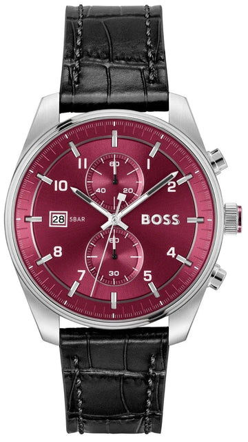 Hugo Boss Skytraveller Chronograph Burgundy Red Dial Black Leather Strap Watch for Men - 1514193