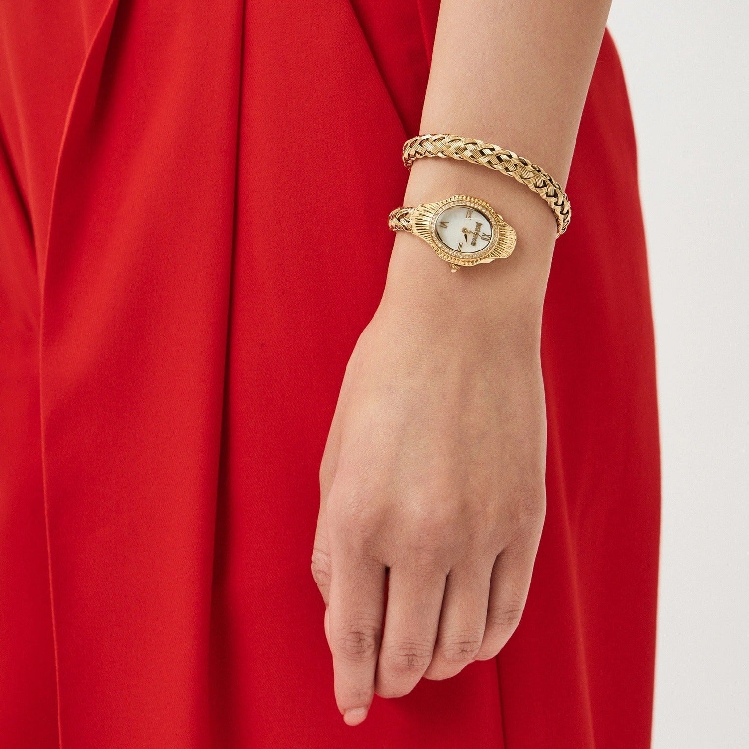 Just Cavalli Twined Mother of Pearl Dial Gold Steel Strap Watch for Women - JC1L305M0025