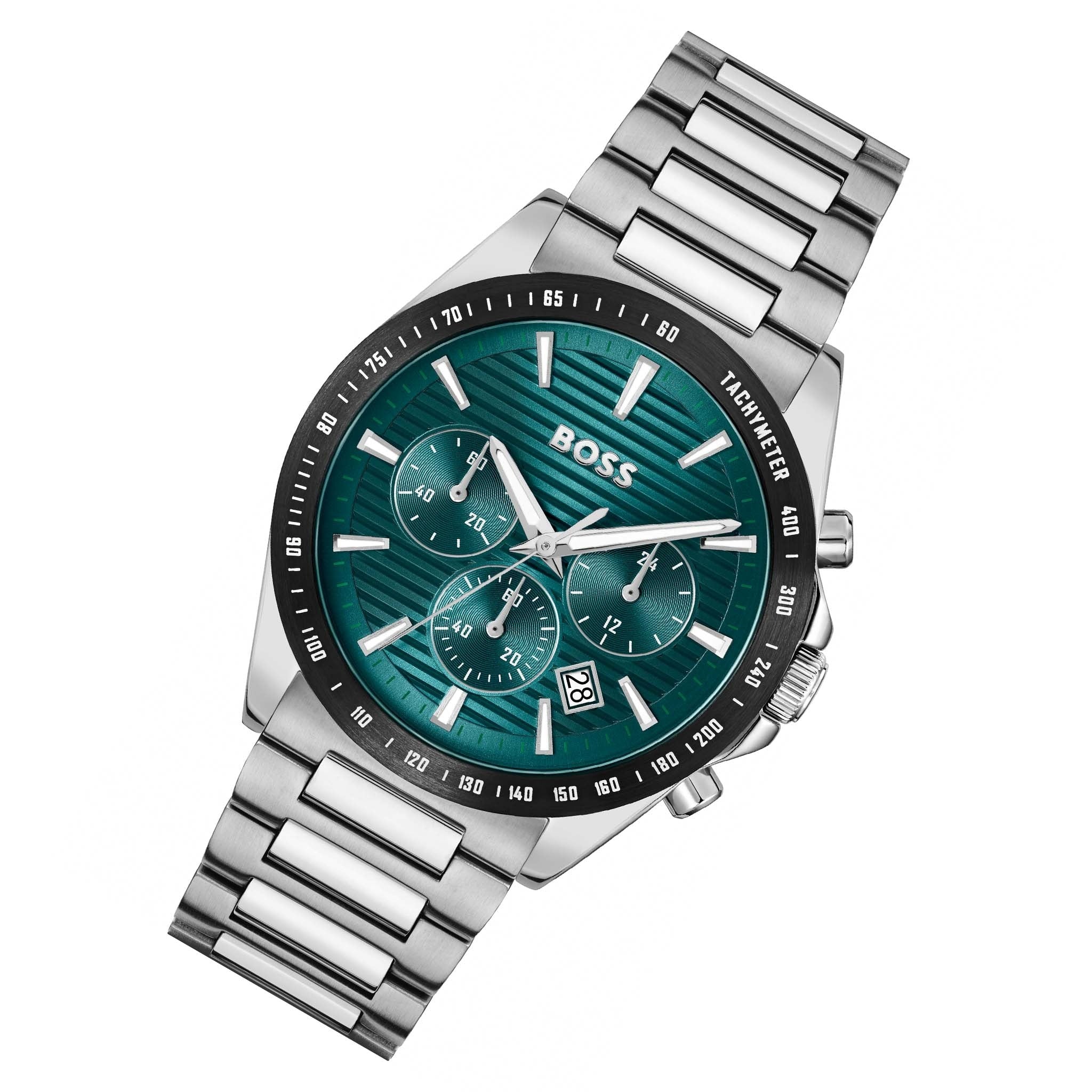 Hugo Boss Strike Chronograph Green Dial Silver Steel Strap Watch for Men - 1514241