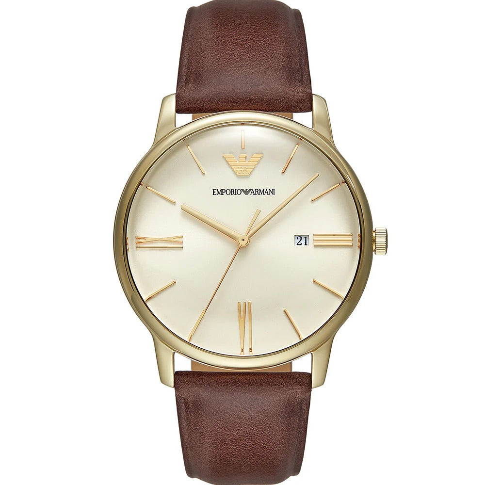 Emporio Armani Minimalist Quartz Gold Dial Brown Leather Strap Watch for Men - AR11610