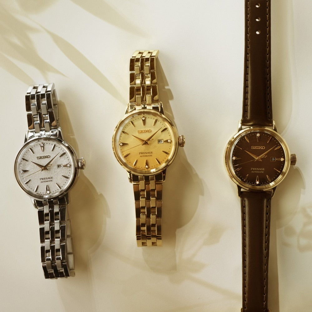 Seiko Presage Cocktail Time Automatic Diamonds Gold Dial Gold Steel Strap Watch for Women - SRE018J1