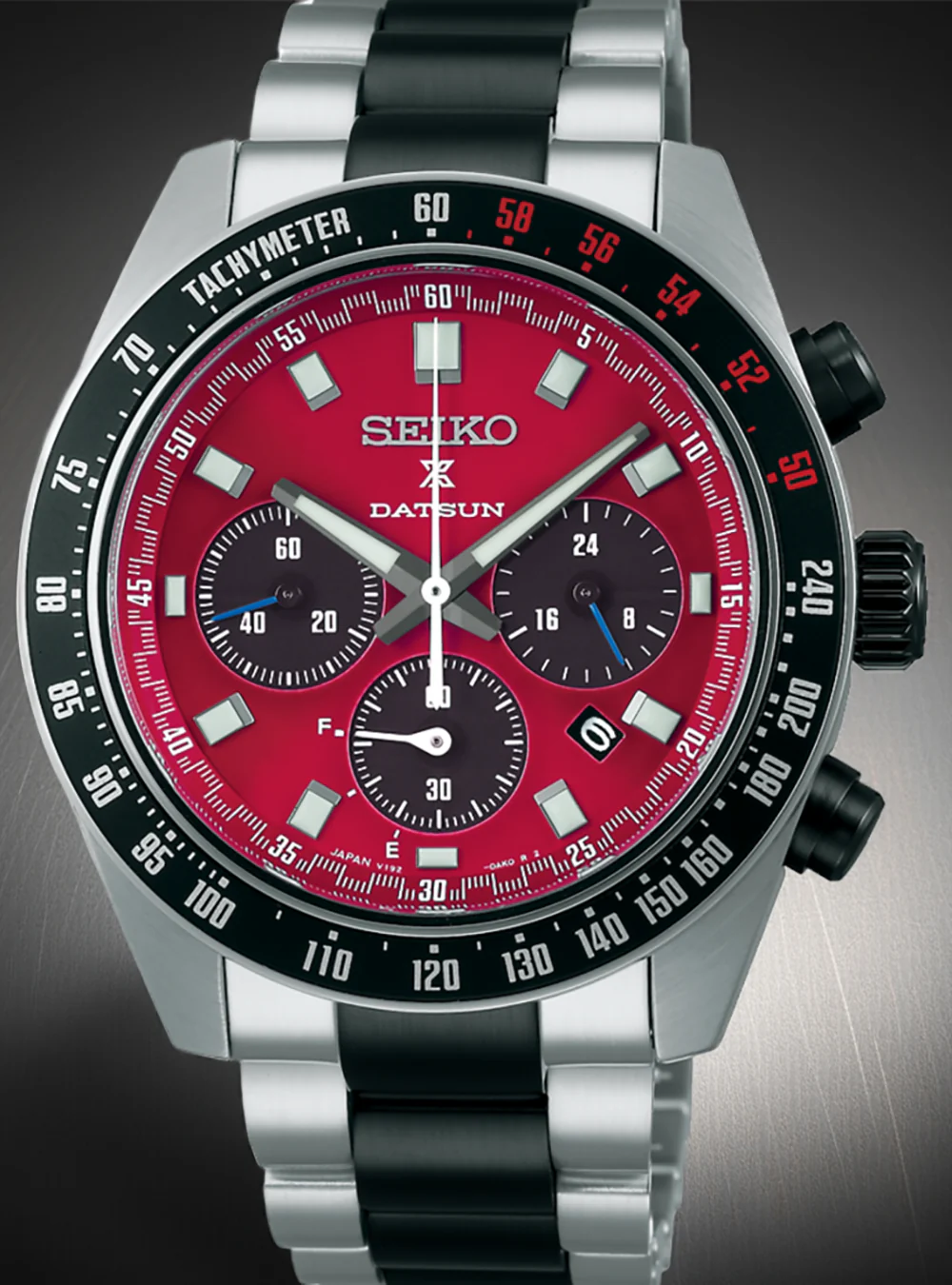 Seiko Prospex Speedtimer Solar Chronograph Datsun 240Z Collaboration Limited Edition Red Dial Two Tone Steel Strap Watch for Men - SBDL123