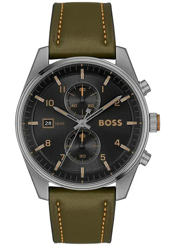Hugo Boss Skytraveller Chronograph Black Dial Green Leather Strap Watch for Men - 1514148