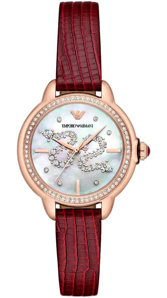 Emporio Armani Mia Mother of Pearl Dial Red Leather Strap Watch for Women - AR11646