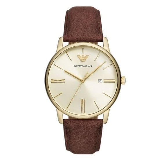 Emporio Armani Minimalist Quartz Gold Dial Brown Leather Strap Watch for Men - AR11610