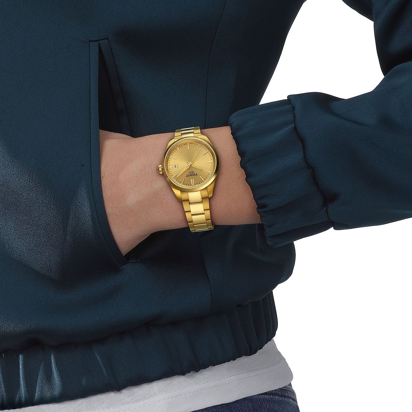 Tissot PR 100 Gold Dial Gold Steel Strap Watch for Women - T150.210.33.021.00