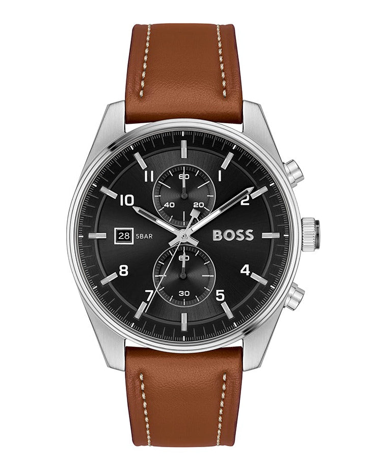 Hugo Boss Skytraveller Chronograph Black Dial Blue Leather Strap Watch for Men - 1514161