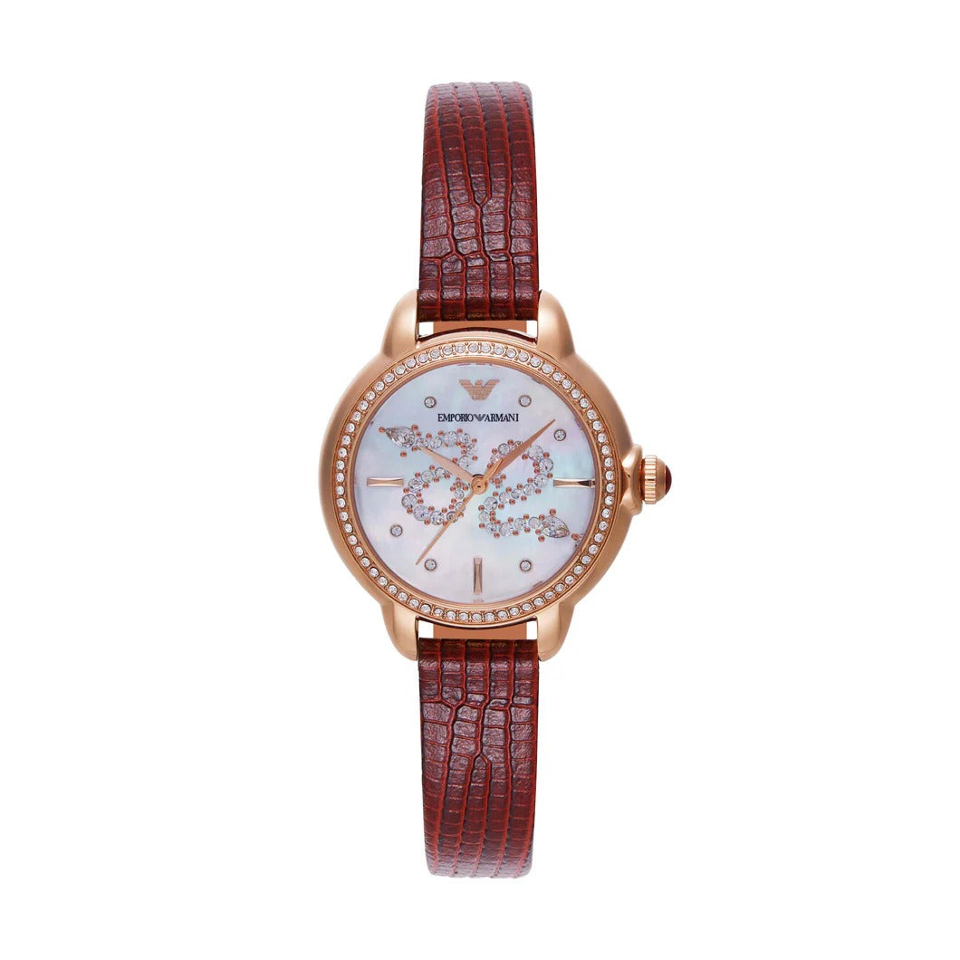 Emporio Armani Mia Mother of Pearl Dial Red Leather Strap Watch for Women - AR11646