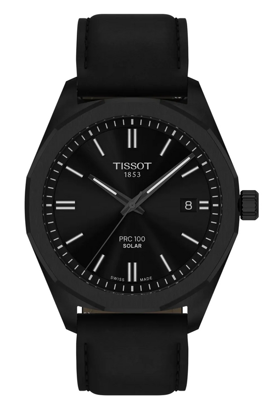 Tissot PRC 100 Solar Quartz Black Dial Black Leather Strap Watch for Men - T151.422.36.051.00