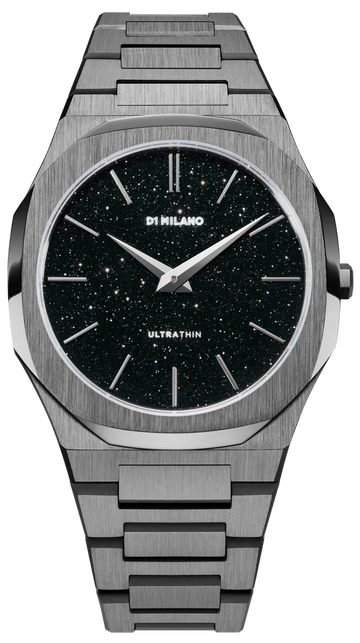 D1 Milano Ultra Thin Aventurine Black Dial Silver Steel Strap Watch for Men - D1-UTBJ29