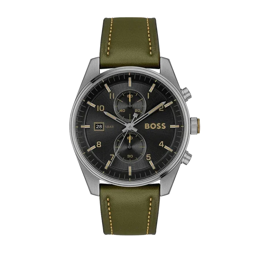 Hugo Boss Skytraveller Chronograph Black Dial Green Leather Strap Watch for Men - 1514148