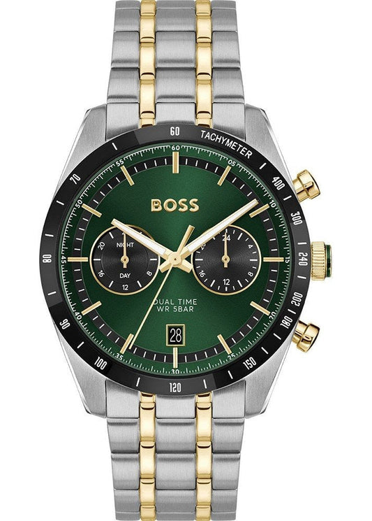 Hugo Boss Tourmaster Chronograph Green Dial Two Tone Steel Strap Watch for Men - 1514287