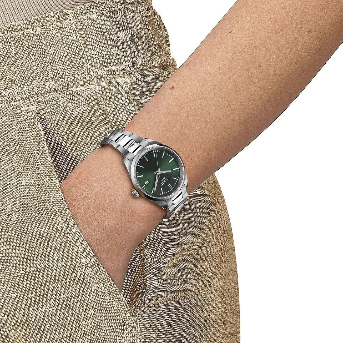 Tissot PR 100 Quartz Green Dial Silver Steel Strap Watch for Women - T150.210.11.091.00