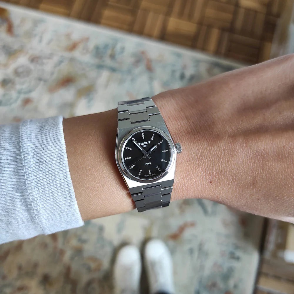 Tissot PRX Quartz Diamonds Black Dial Silver Steel Strap Watch for Women - T137.010.11.056.00