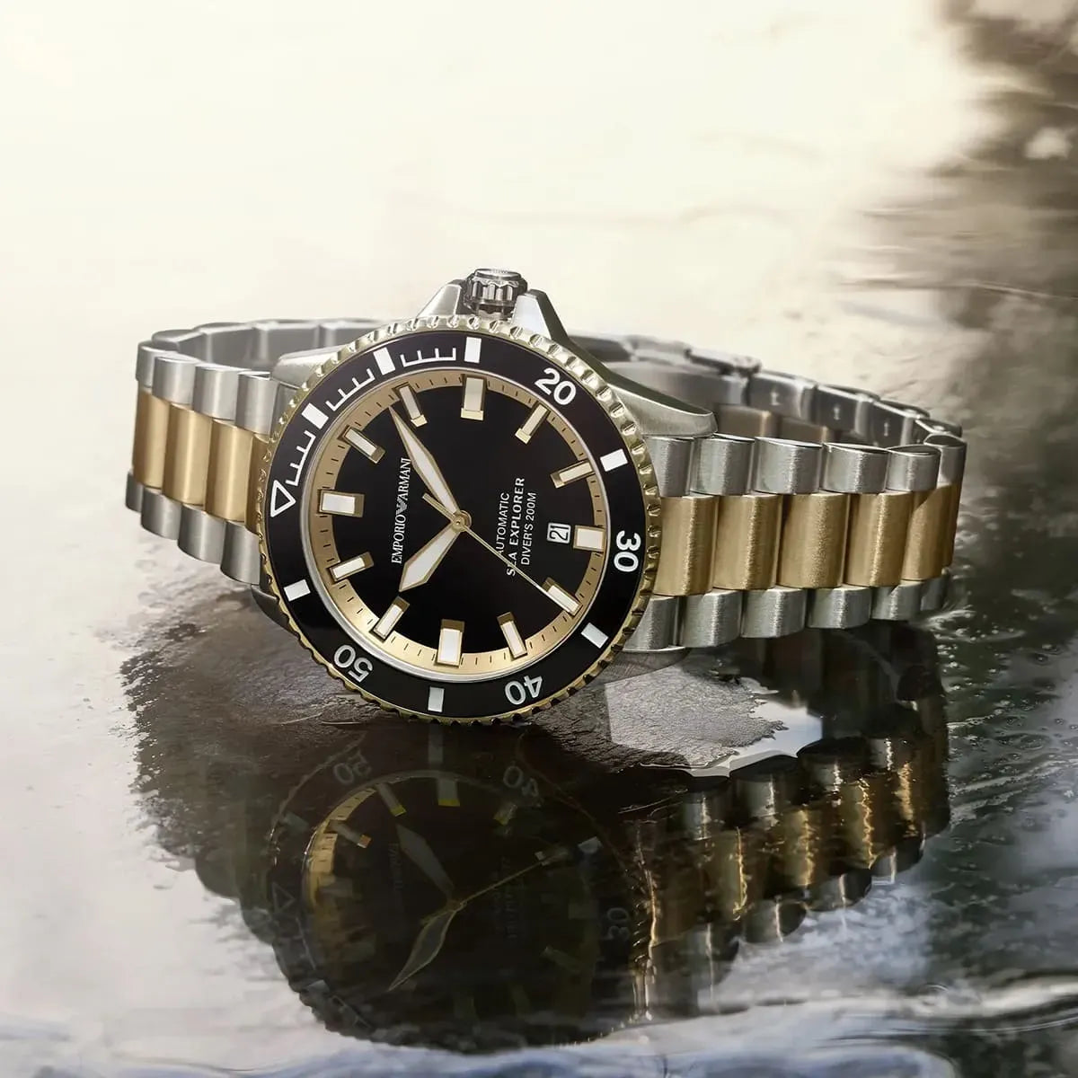 Emporio Armani Sea Explorer Black Dial Two Tone Steel Strap Watch for Men - AR60089