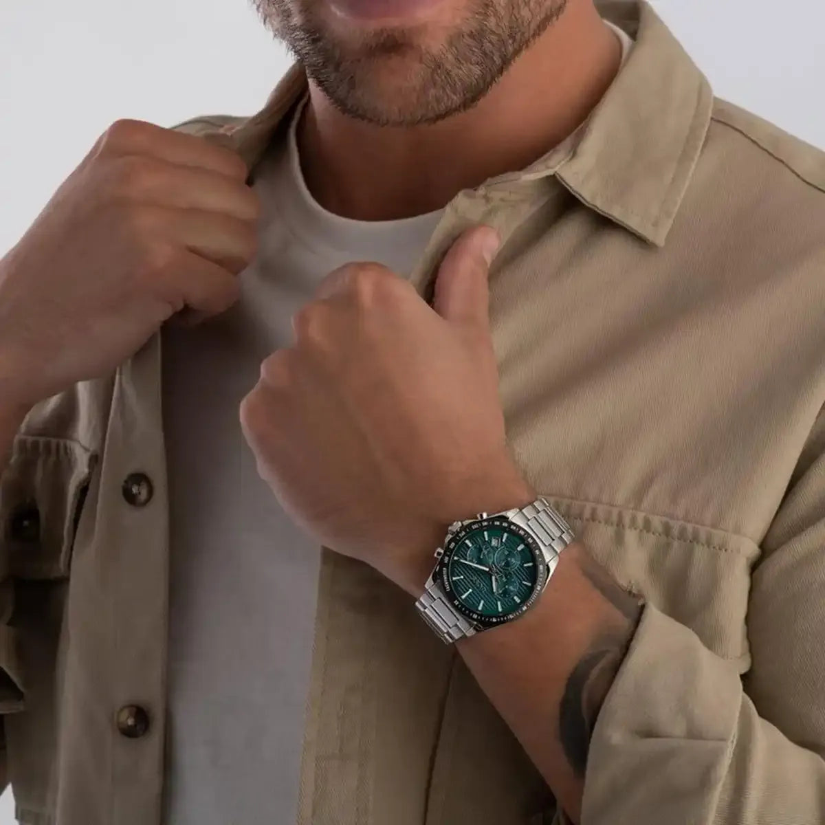 Hugo Boss Strike Chronograph Green Dial Silver Steel Strap Watch for Men - 1514241