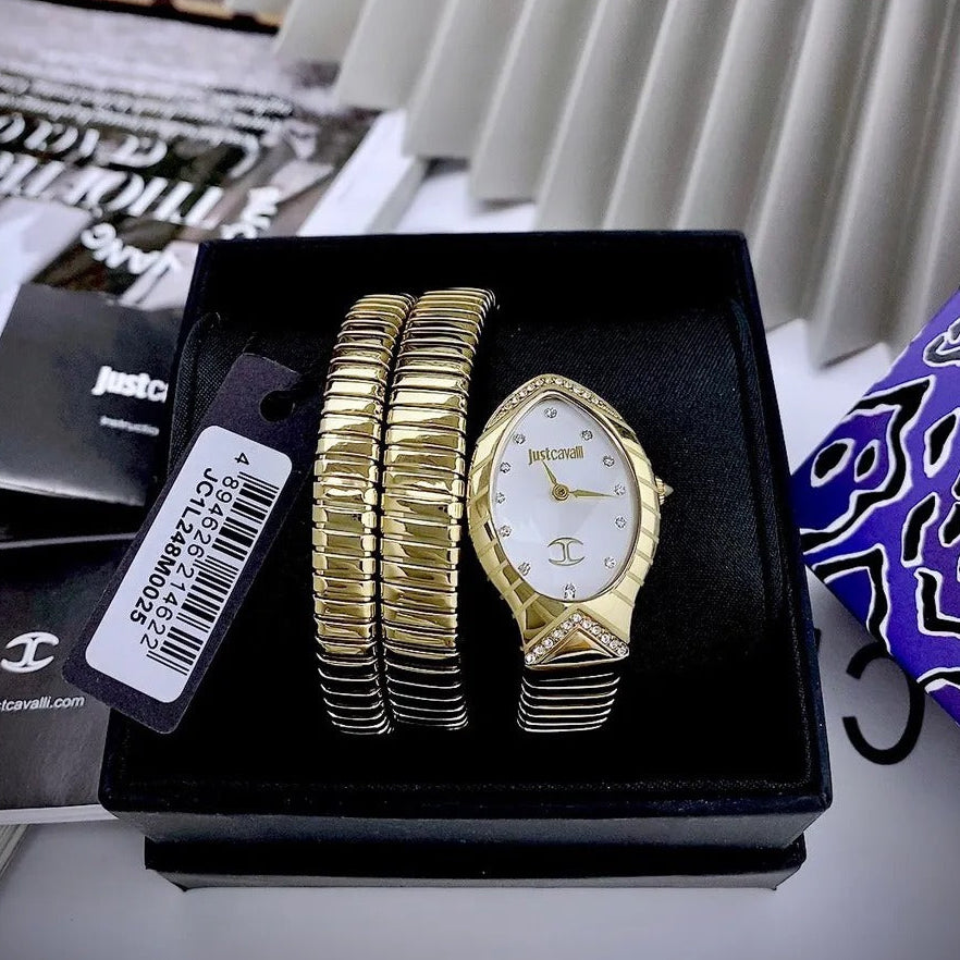 Just Cavalli Classico Lungo White Dial Gold Steel Strap Watch for Women - JC1L248M0025