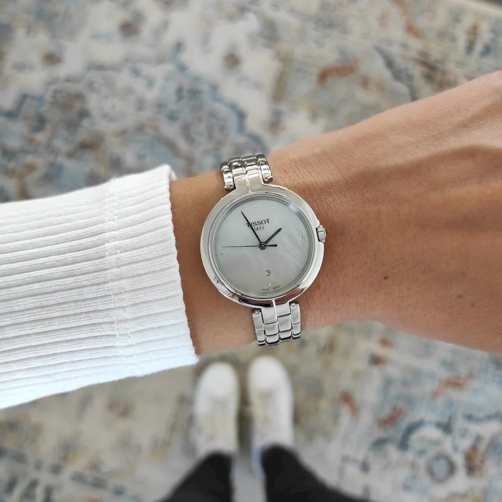 Tissot T-Lady Flamingo Diamonds Mother of Pearl Dial SIlver Steel Strap Watch for Women - T094.210.11.116.02