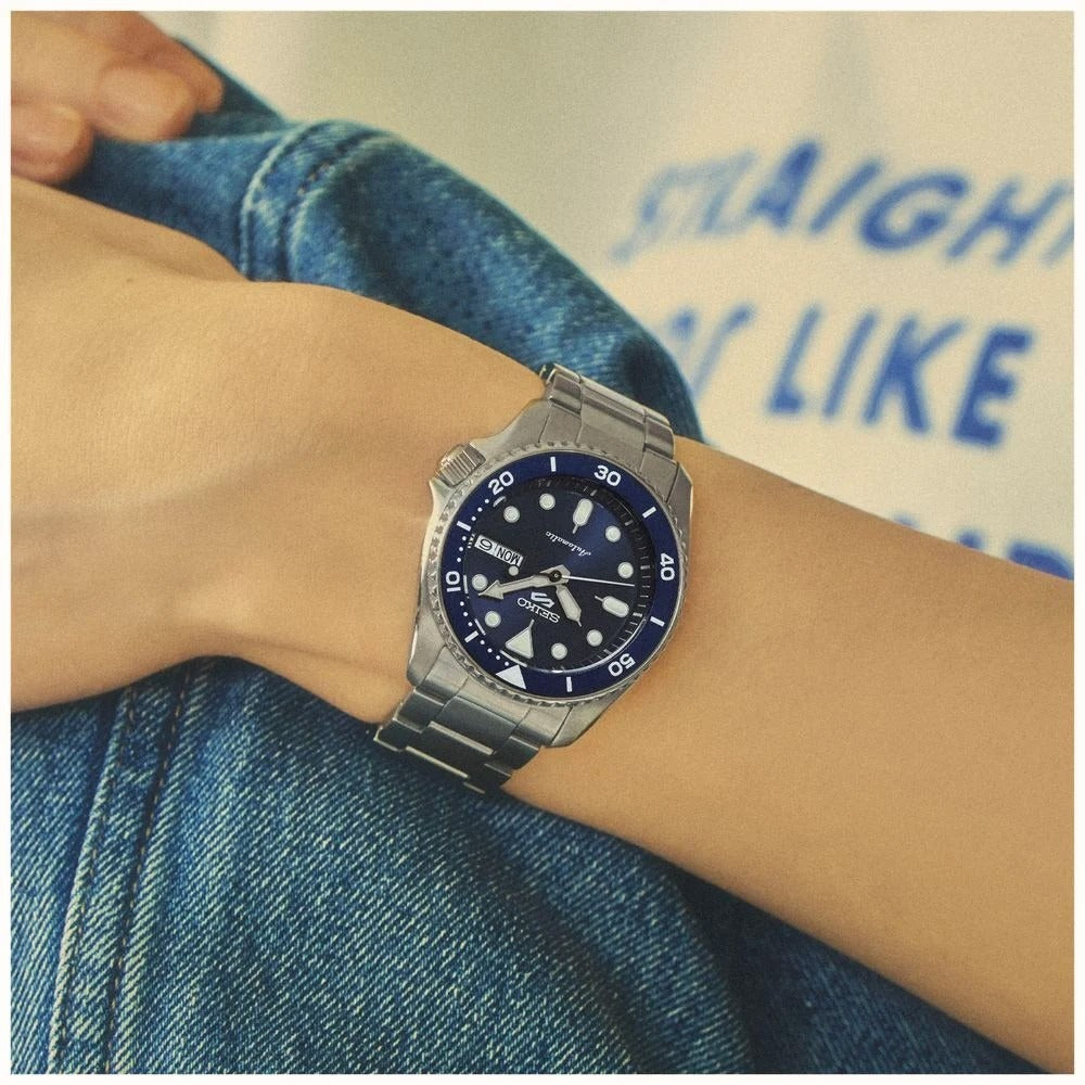 Seiko 5 Sports SKX Street Denim Blue Dial Silver Steel Strap Watch for Men - SRPL77K1