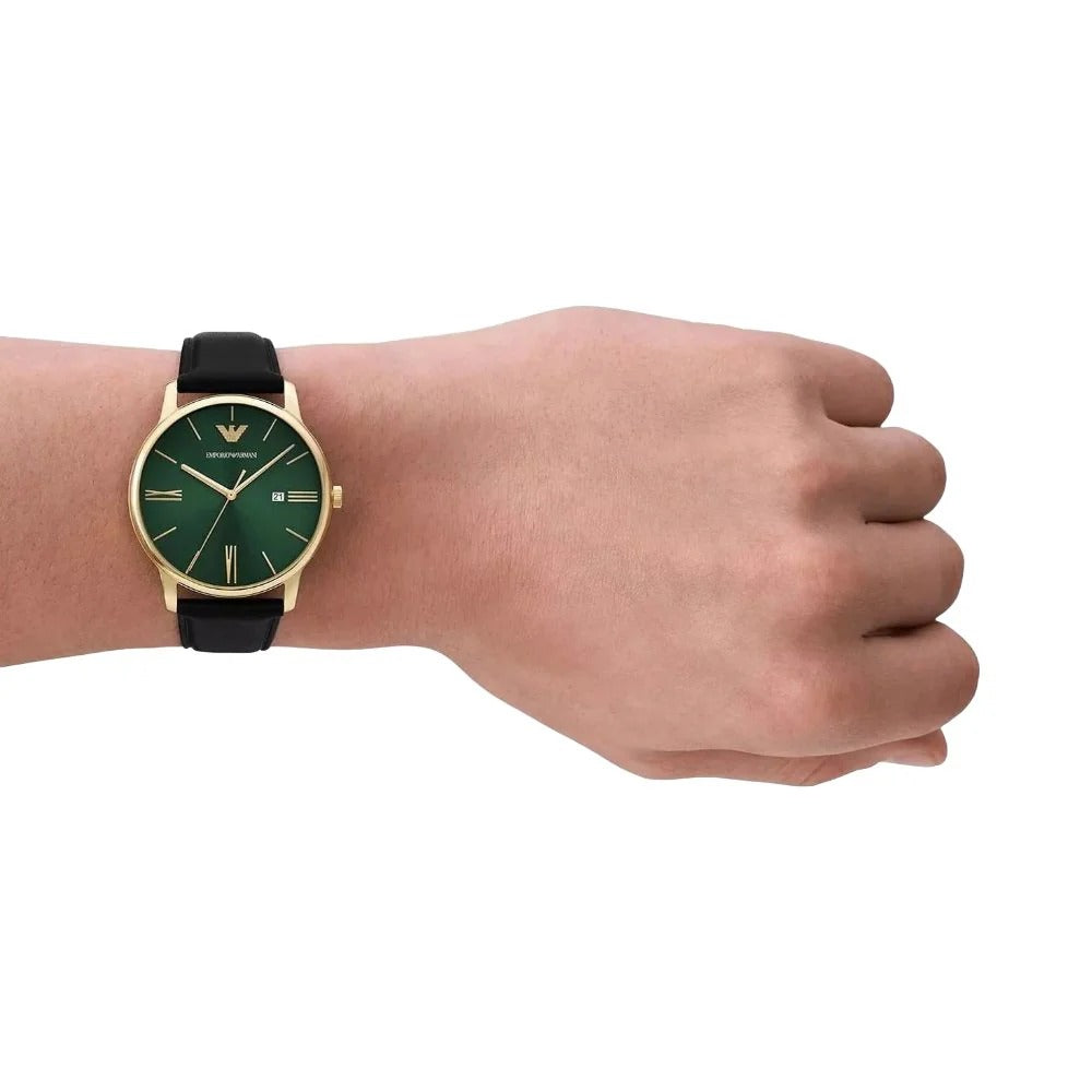 Emporio Armani Minimalist Green Dial Black Leather Strap Watch for Men - AR11601