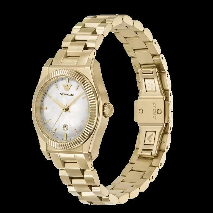 Emporio Armani Federica Mother of Pearl White Dial Gold Steel Strap Watch for Women - AR11657