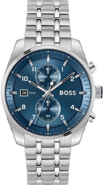 Hugo Boss Skytraveller Chronograph Blue Dial Silver Steel Strap Watch for Men - 1514216