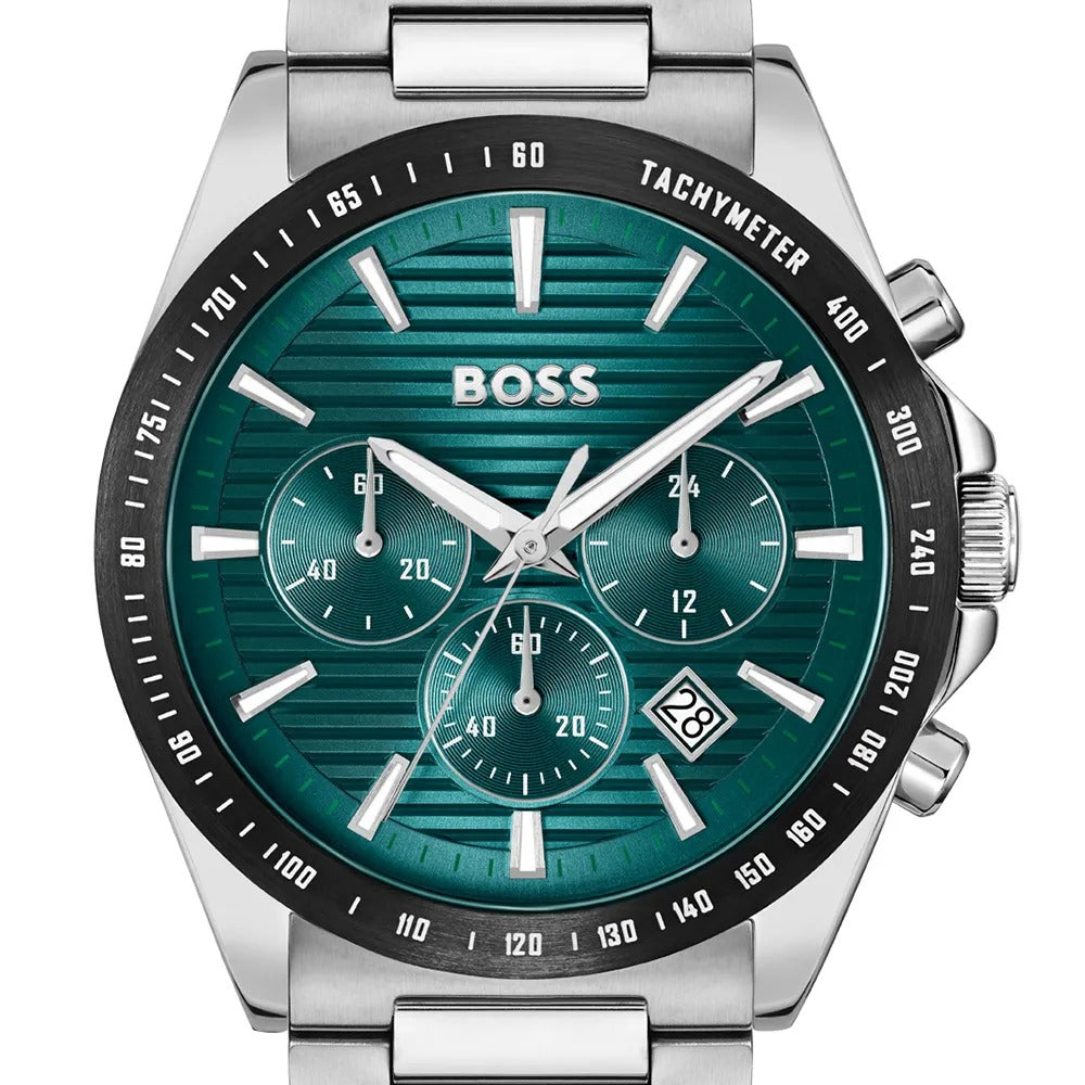 Hugo Boss Strike Chronograph Green Dial Silver Steel Strap Watch for Men - 1514241