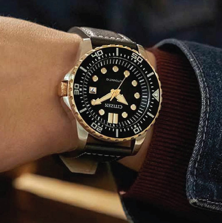 Citizen Mechanical Automatic Black Dial Black Leather Strap Watch for Men - NJ0176-10E