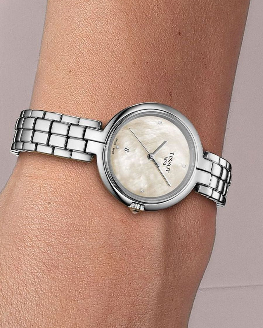 Tissot T-Lady Flamingo Diamonds Mother of Pearl Dial SIlver Steel Strap Watch for Women - T094.210.11.116.02