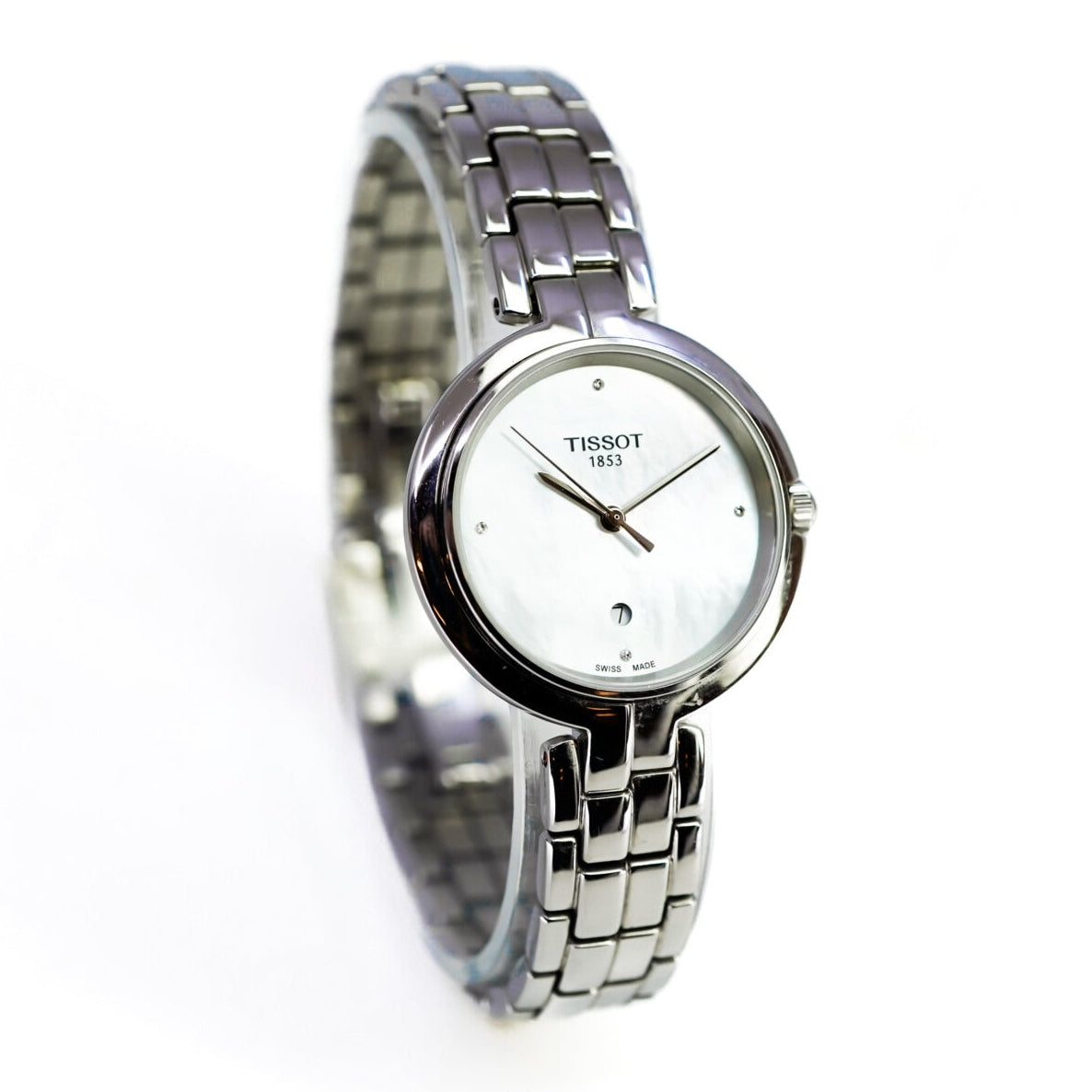 Tissot T-Lady Flamingo Diamonds Mother of Pearl Dial SIlver Steel Strap Watch for Women - T094.210.11.116.02